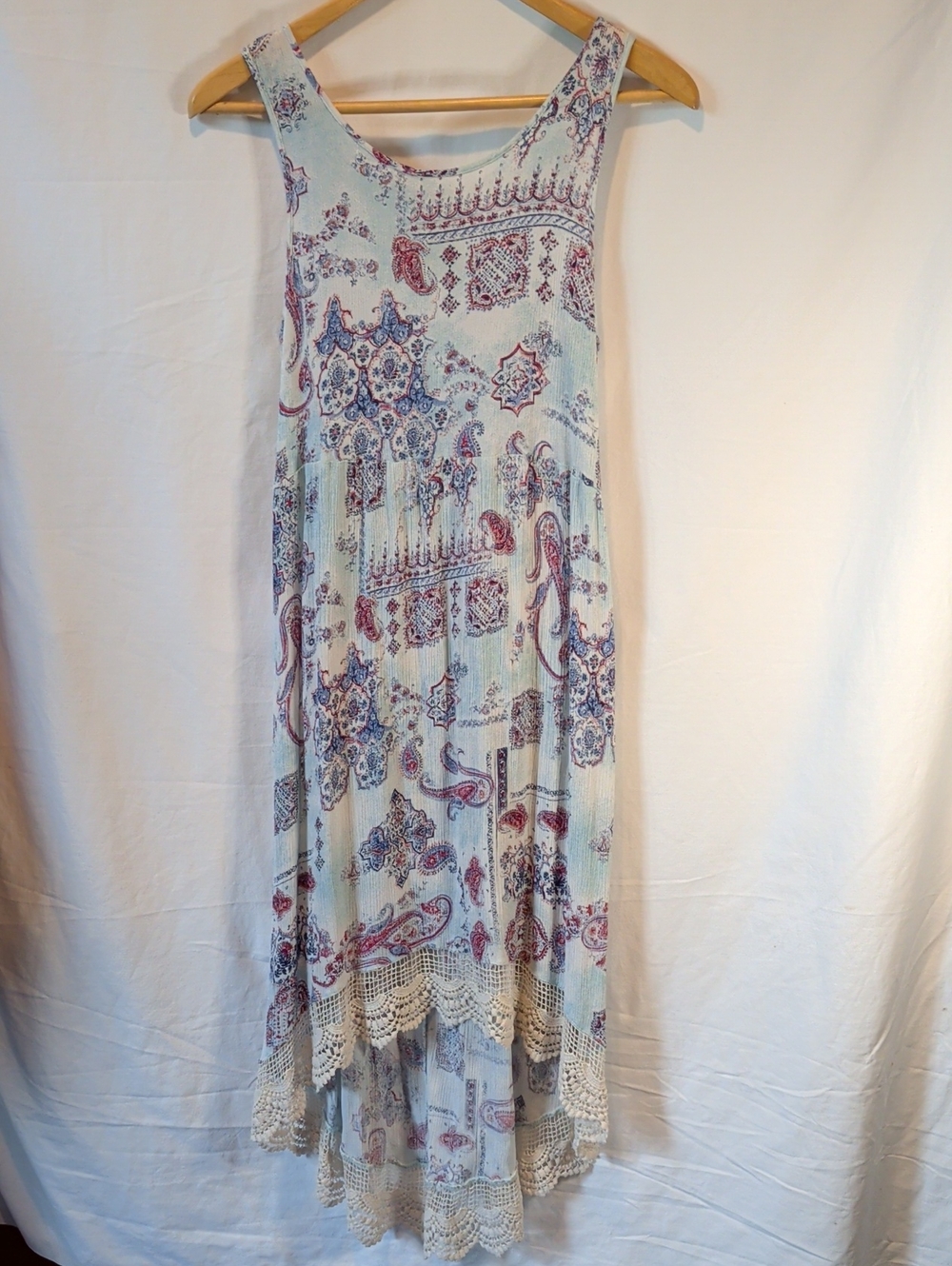 Knitworks Light Blue Paisley High-Low Maxi Dress with Crochet Hem